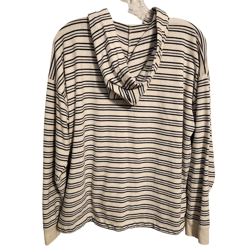 J. Crew | Women's Cream and Black Striped Hoodie Pullover (Size Large)